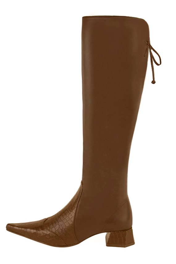 French elegance and refinement for these caramel brown knee-high boots, with laces at the back, 
                available in many subtle leather and colour combinations. Pretty boot adjustable to your measurements in height and width
Customizable or not, in your materials and colors.
Its half side zip and rear opening will leave you very comfortable.
For pointed toe fans. 
                Made to measure. Especially suited to thin or thick calves.
                Matching clutches for parties, ceremonies and weddings.   
                You can customize these knee-high boots to perfectly match your tastes or needs, and have a unique model.  
                Choice of leathers, colours, knots and heels. 
                Wide range of materials and shades carefully chosen.  
                Rich collection of flat, low, mid and high heels.  
                Small and large shoe sizes - Florence KOOIJMAN